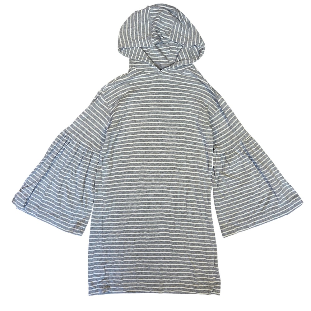 Lou & Grey Women Small Grey Striped Bell Sleeve Tunic Hoodie Sweatshirt Dress
